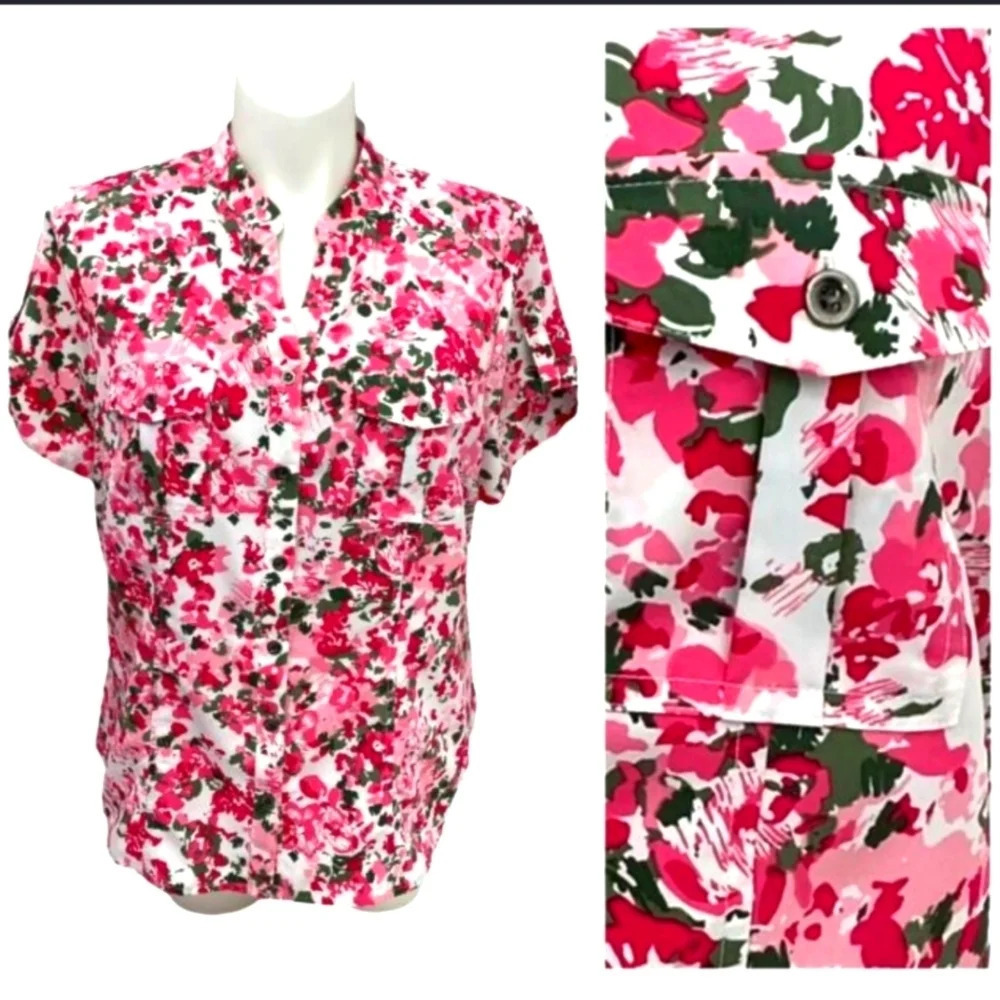 Laura Scott Floral Roll Tab Sleeve Blouse Notched V Neck Sz 20/22W